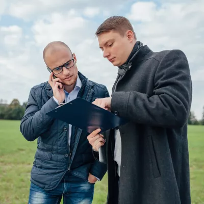 Twee mannen bekijken de administratie