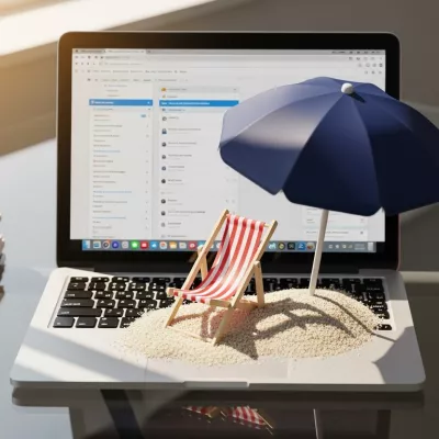 Laptop op strand met parasol