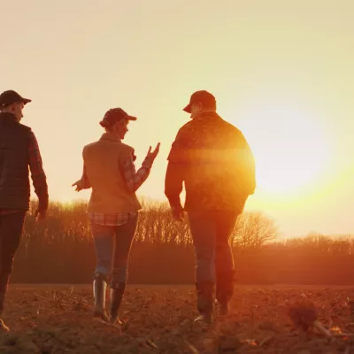 Drie mensen op het land bij zonsondergang