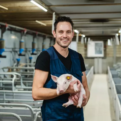 Agrarische ondernemer met big in varkensstal