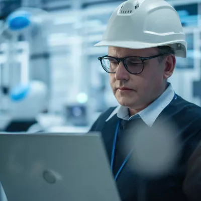 Man met helm werkt op laptop in fabriek