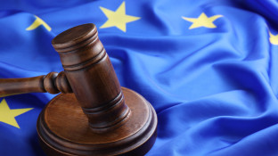 Wooden judge's gavel on flag